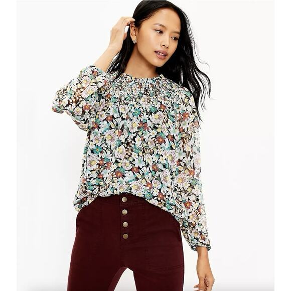 LOFT Tops - Loft Floral Smocked Yoke Blouse Long Sleeve Small